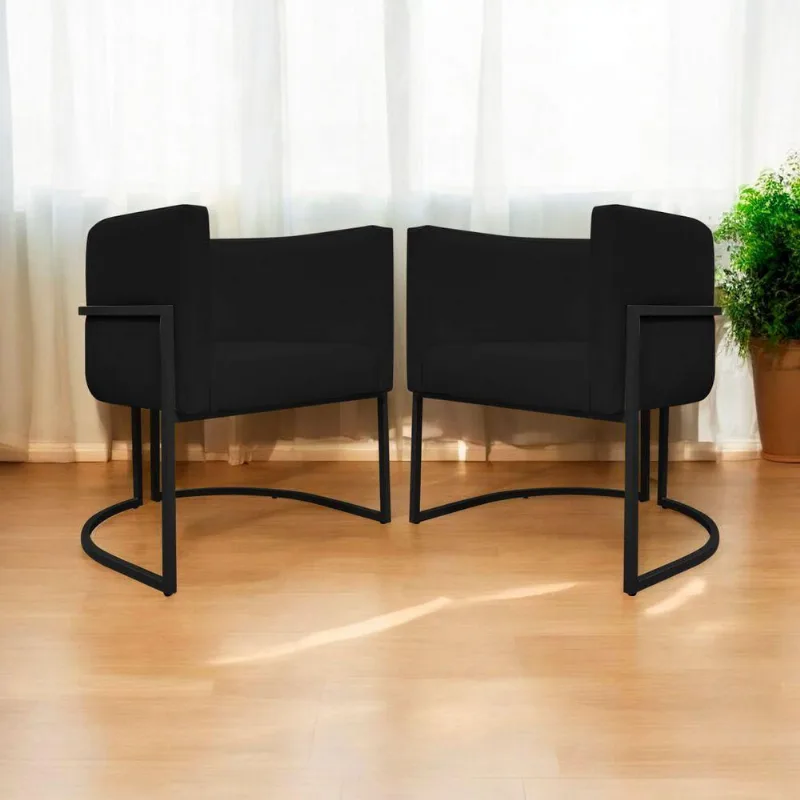 Kit 2 Poltronas Recepção Luna Base De Ferro Preta - Preto Corino