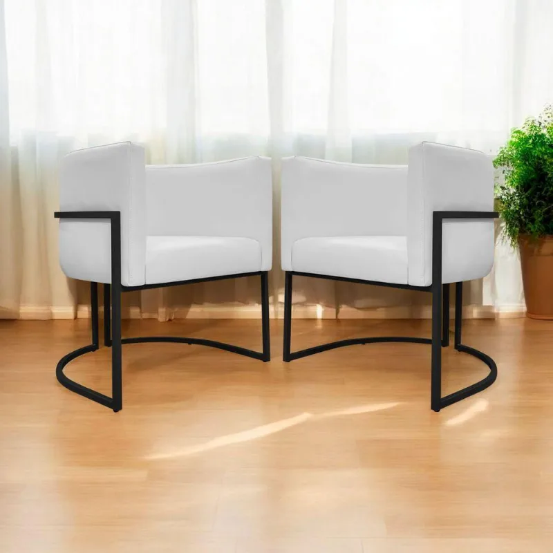Kit 2 Poltronas Recepção Luna Base De Ferro Preta - Branco Corino