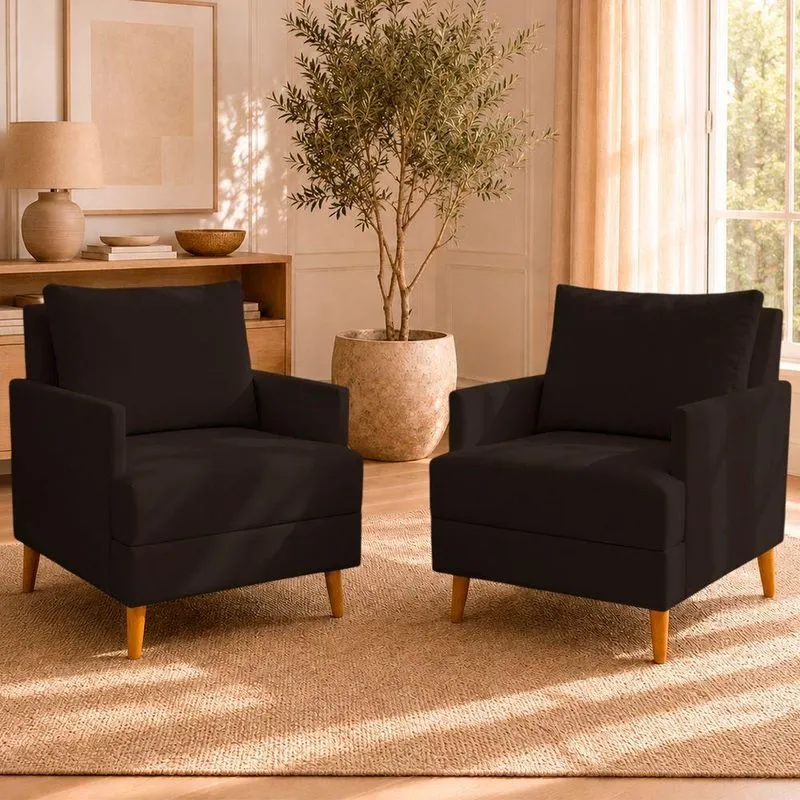 Kit 2 Poltronas Serena Suede Decorativa Com Pés Palito Cinza Ammê Estofados