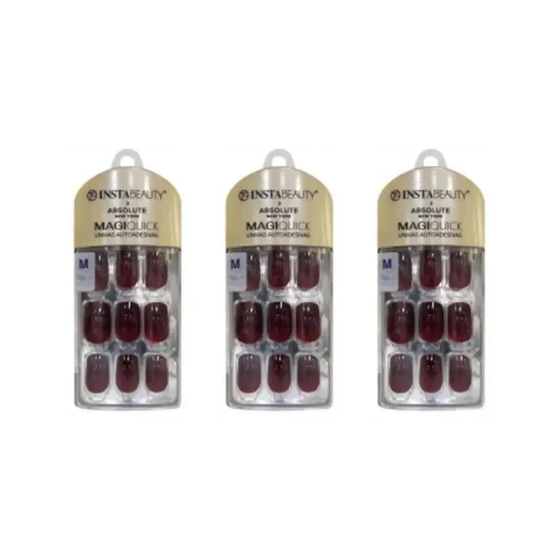 Unhas Instabeauty Auto-adesivas Mahogany Red Med - Kit 3un