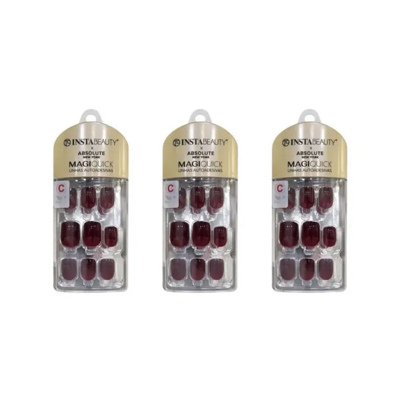 Unhas Instabeauty Auto-adesivas Burgundy Red Curto - Kit 3un