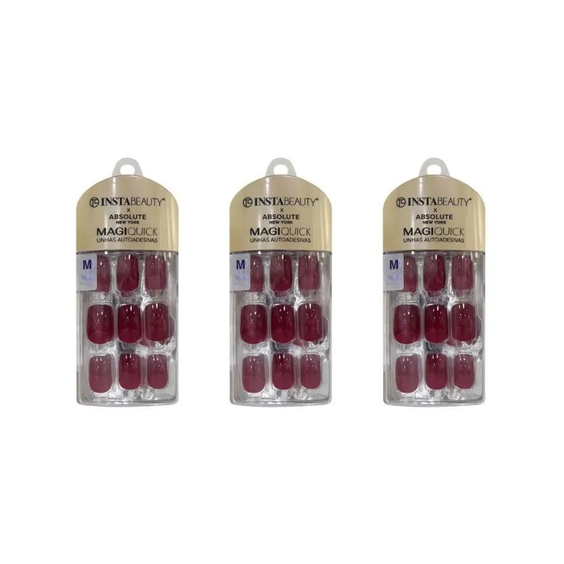 Unhas Instabeauty Auto-adesivas Burgundy Red Medio - Kit 3un