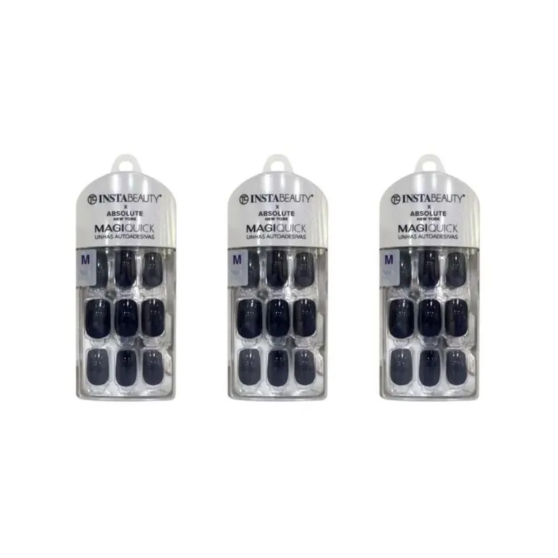 Unhas Instabeauty Auto-adesivas Eclipse Black Medi - Kit 3un