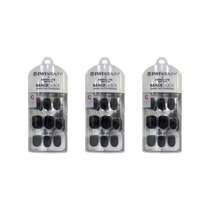 Unhas Instabeauty Auto-adesivas Magic Black Curto - Kit 3un