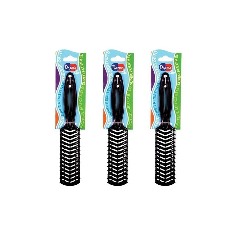 Escova De Cabelo Darma Flex Reta Preta - Kit Com 3un