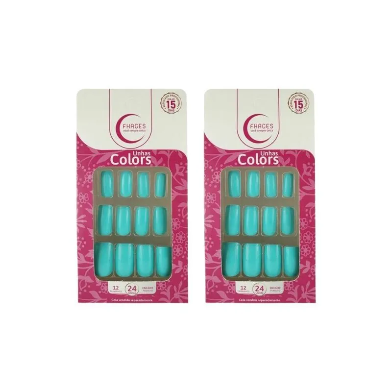 Unhas Postiças Fhaces Colors Azul Piscina U3096 - Kit C/2un