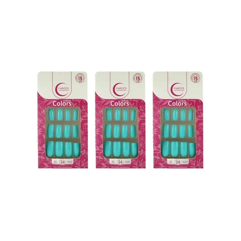 Unhas Postiças Fhaces Colors Azul Piscina U3096 - Kit C/3un