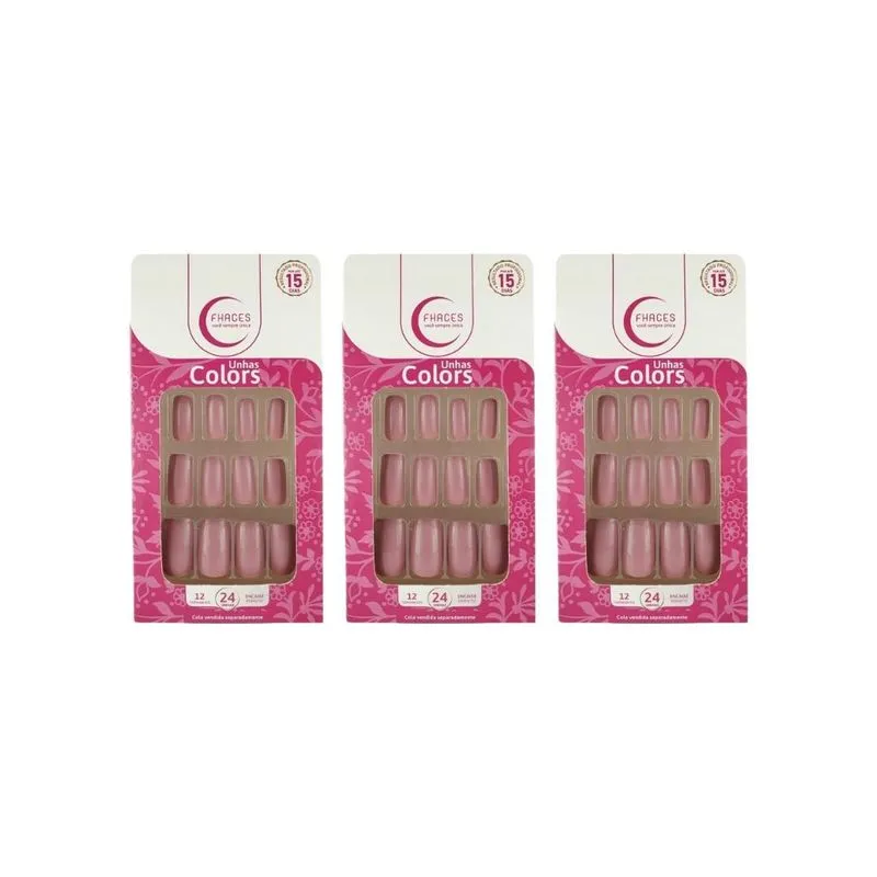 Unhas Postiças Fhaces Colors Rosa Flash Kit C/3un