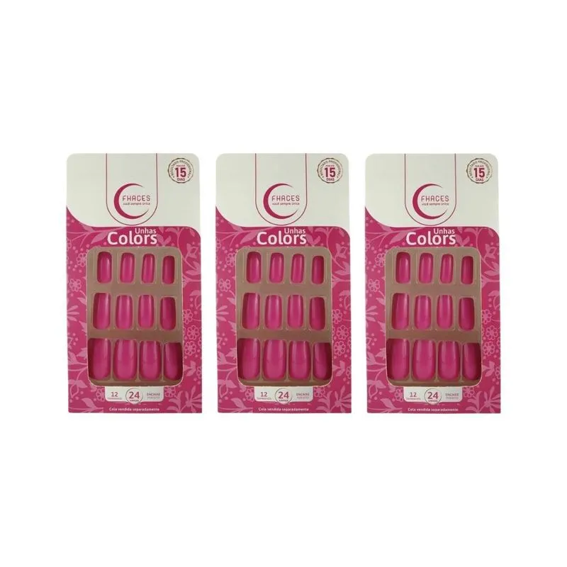 Unhas Postiças Fhaces Colors Rosa Fucsia U3090 - Kit C/3un