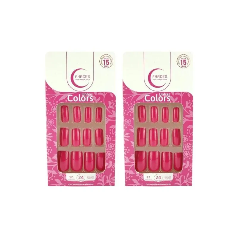 Unhas Postiças Fhaces Colors Rosa Pink - Kit C/2un