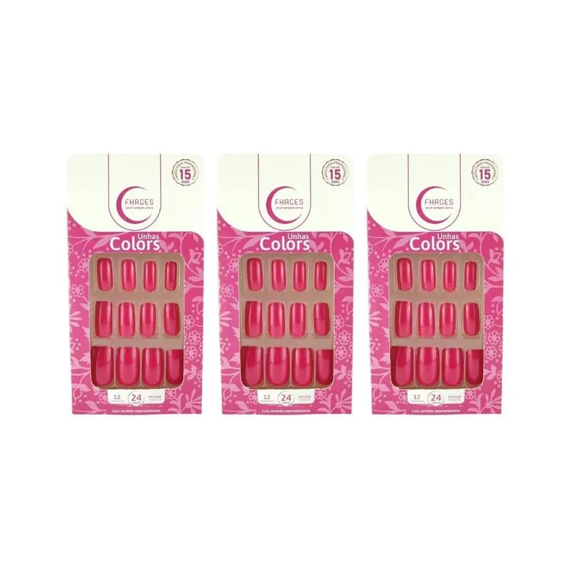 Unhas Postiças Fhaces Colors Rosa Pink - Kit C/3un
