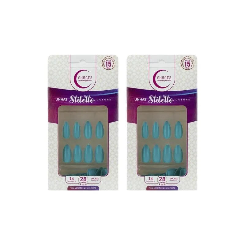 Unhas Postiças Fhaces Stiletto Colors Tiffany 28un - Kit 2un