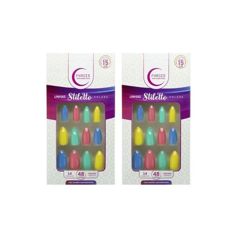 Unhas Postiças Fhaces Stiletto Multi Desejo 48un- Kit 2un