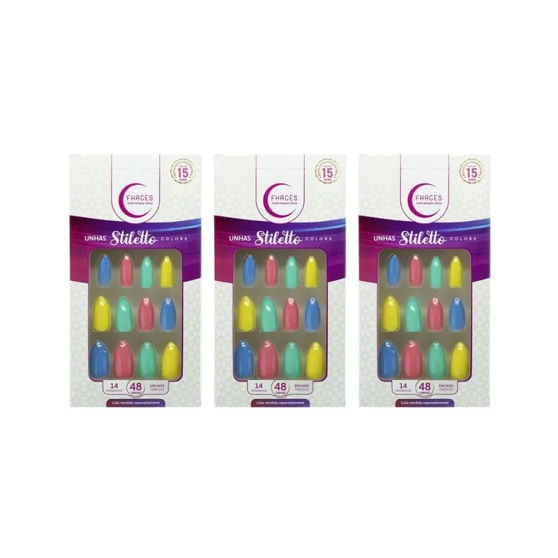 Unhas Postiças Fhaces Stiletto Multi Desejo 48un- Kit 3un