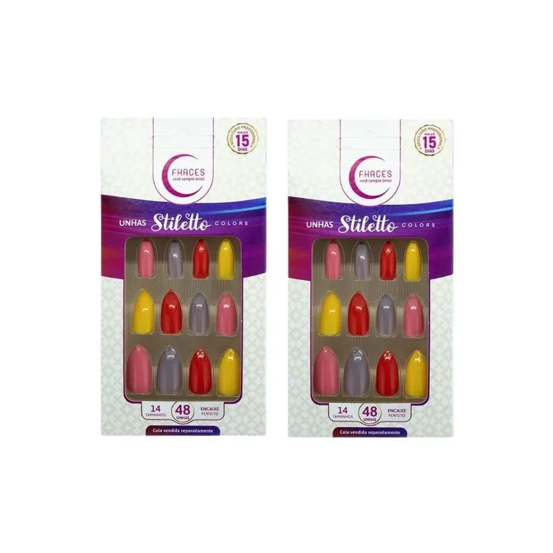 Unhas Postiças Fhaces Stiletto Multi Saori Com 48un- Kit 2un