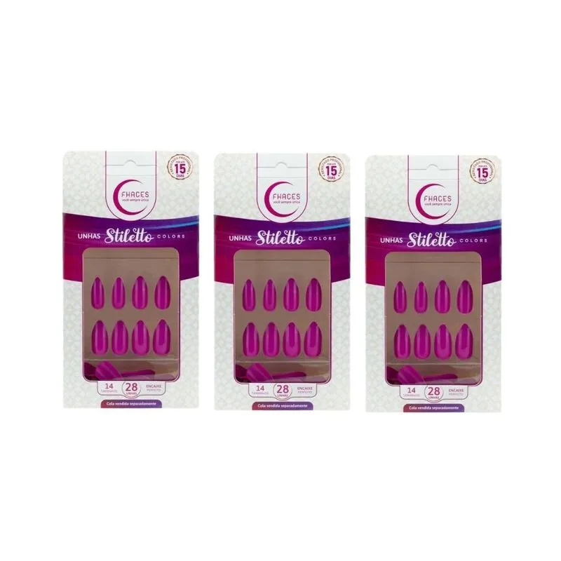 Unhas Postiças Fhaces Stiletto Rosa Fucsia Com 28un - 3un