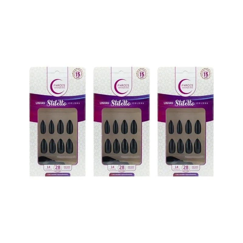 Unhas Postiças Fhaces Stiletto Universo Black Com 28un- 3un