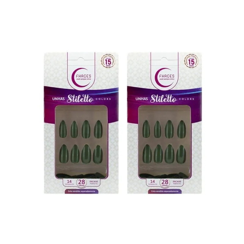 Unhas Postiças Fhaces Stiletto Verde Mili Com 28un- Kit 2un