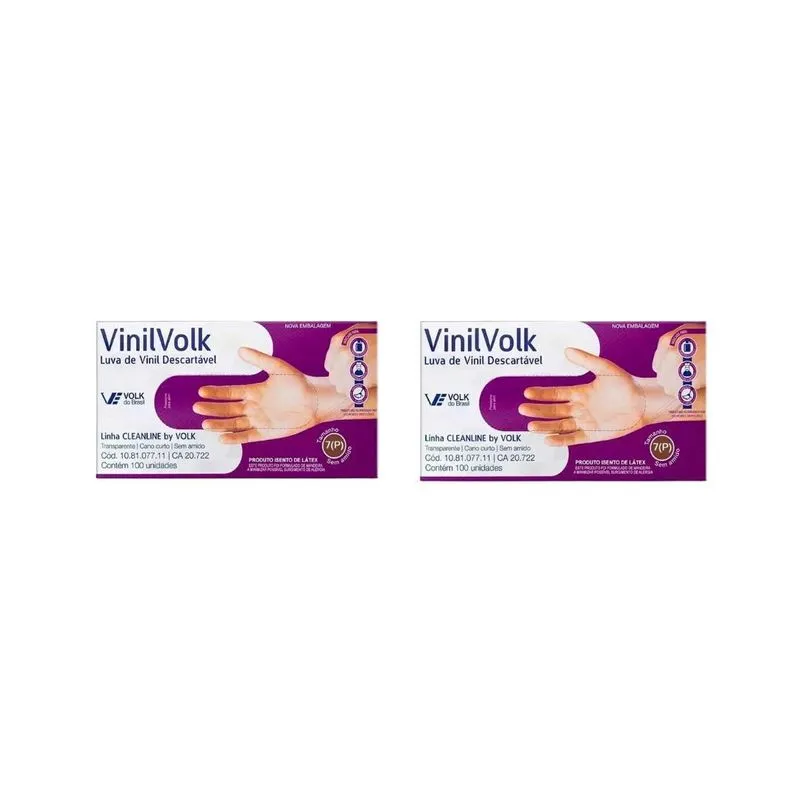 Luvas Vinil Volk Com 100un Pequena Sem Amido - Kit C/2un