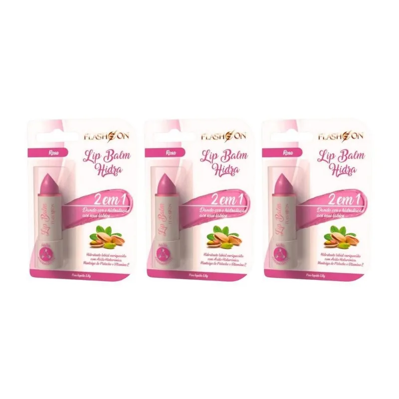 Lip Balm Flash On 2em1 Rosa - Kit Com 3un