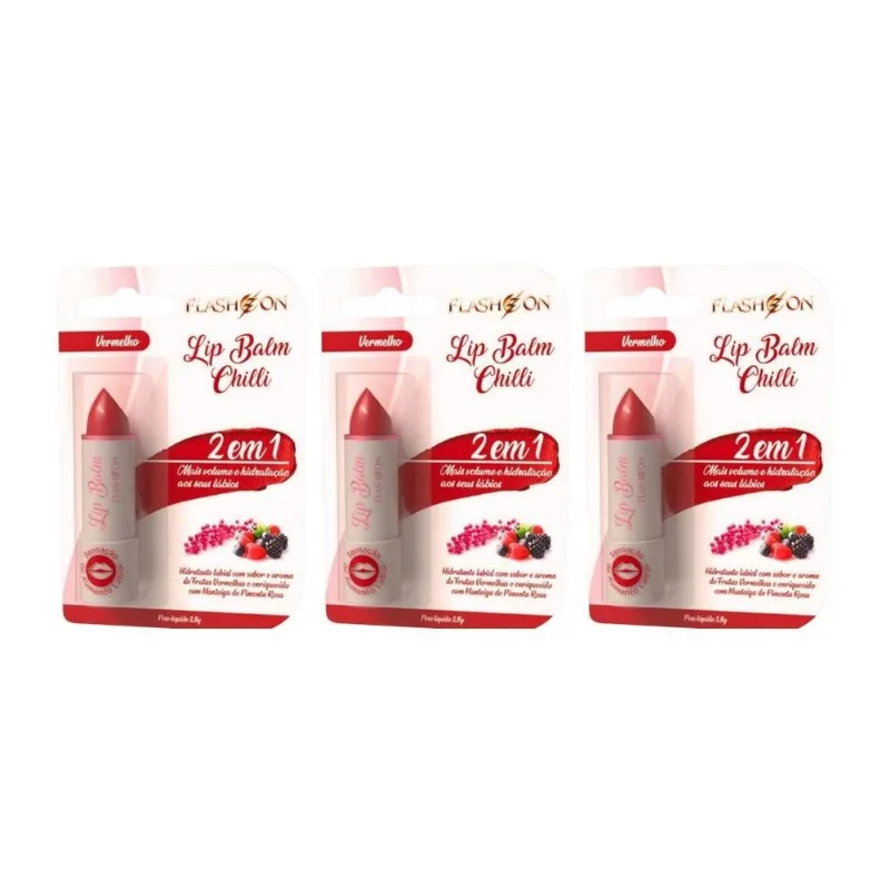 Lip Balm Flash On 2em1 Vermelho - Kit Com 3un