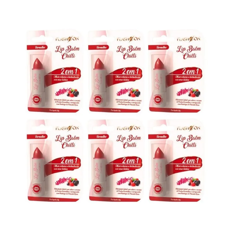 Lip Balm Flash On 2em1 Vermelho - Kit Com 6un