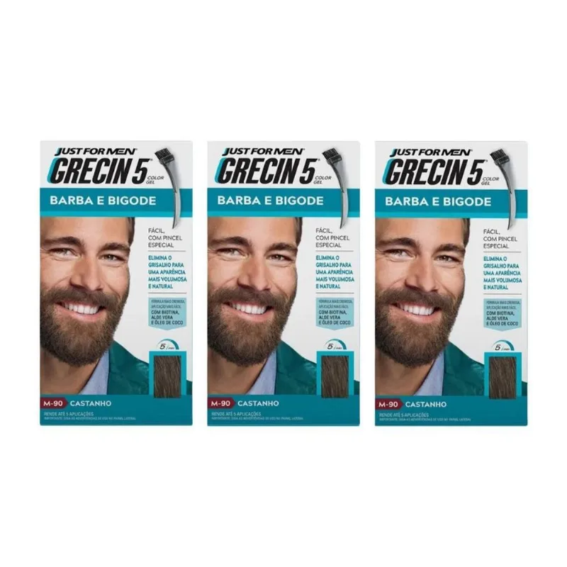 Grecin 5 Barba E Bigode 28g M-90 Castanho - Kit Com 3un