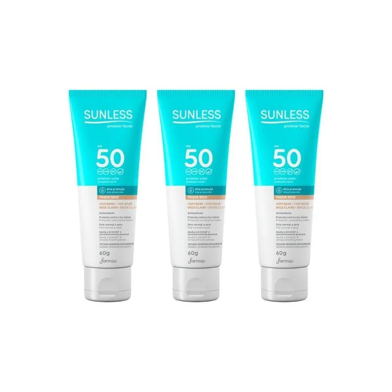 Protetor Solar Sunless Facial F50 Com Base Claro 60g - 3un