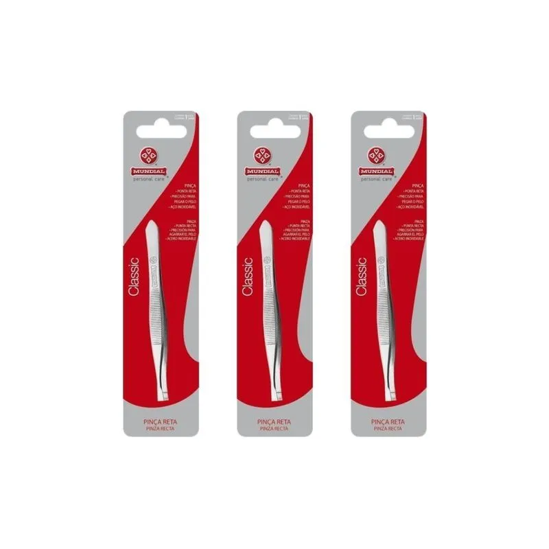 Pinça Mundial Classic Longa Inox Ponta Reta - Kit3un