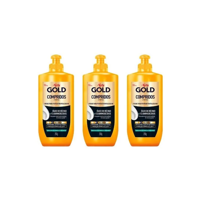 Creme Pentear Niely Gold 250G Ricino Compridos Fortes- 3Un