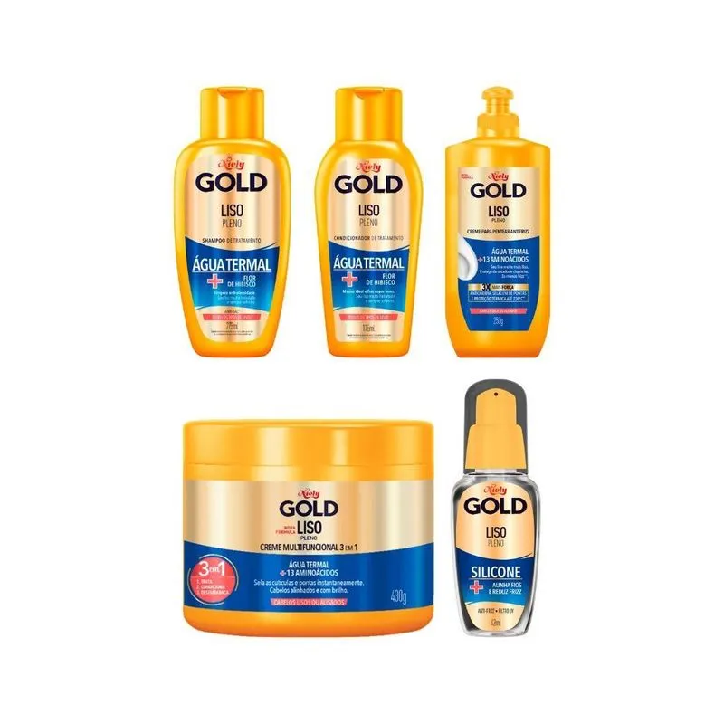 Kit Niely Gold Liso Pleno Shampoo+cond+pentear+masc+silicone