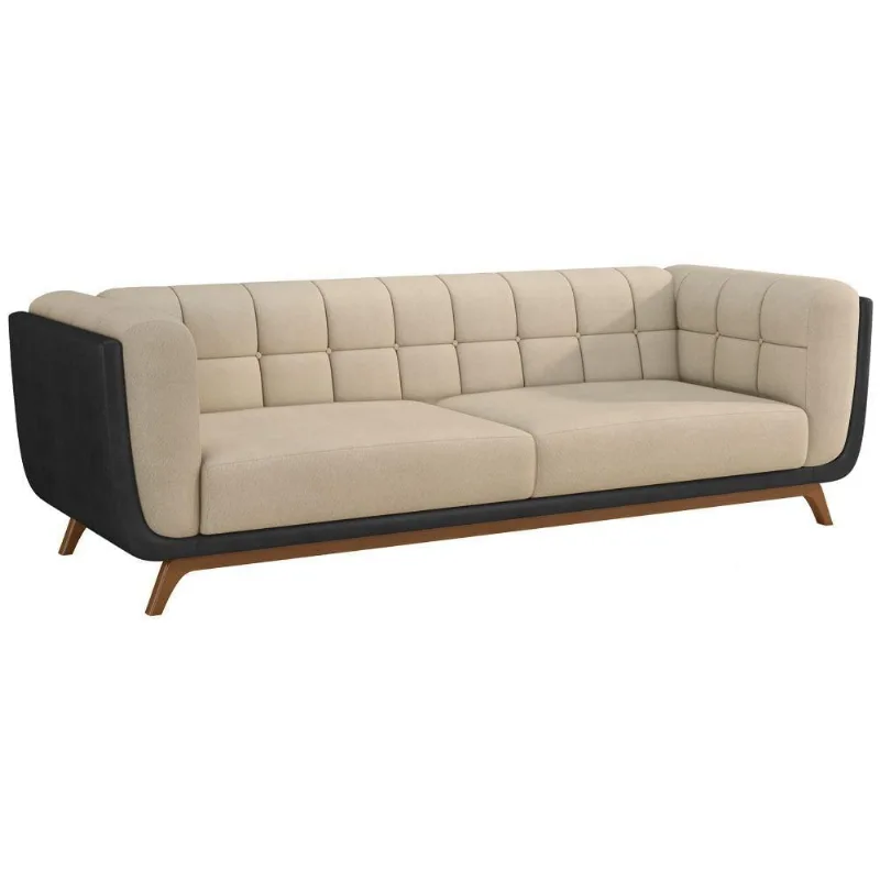 Sofá Coin 3 Lugares 240CM Preto Courino e Bouclê Suave Sallar Home