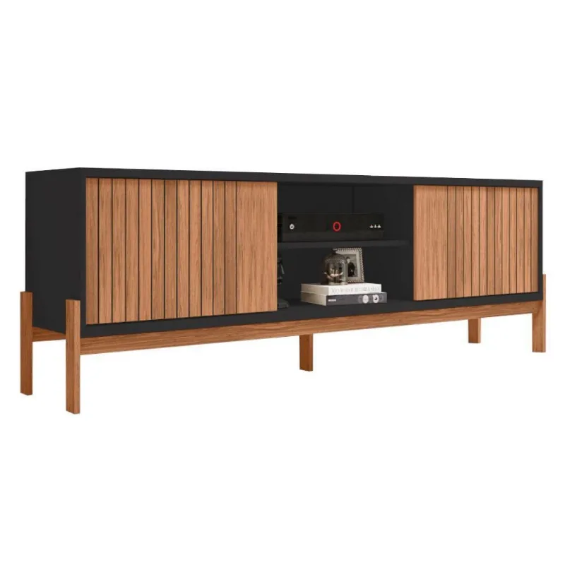 Rack Bancada para TV Penny 72" 180CM MDP com Portas Correr Freijo e Preto Sallar Home