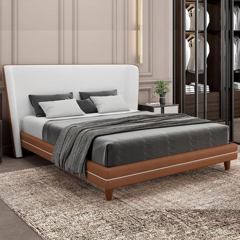 Cama Japonesa Casal Corea com Cabeceira Courino Caramelo e Bouclé Suave Off White Sallar Home