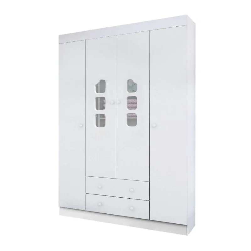 Guarda Roupa Infantil Lina 4 Portas de Bater 2 Gavetas MDF Branco Brilho Lina