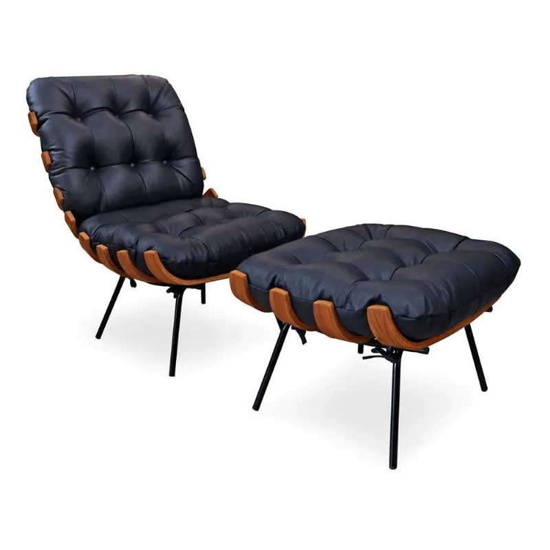 Poltrona Decorativa com Puff Laura em Couro Confortável Azul Sallar Home