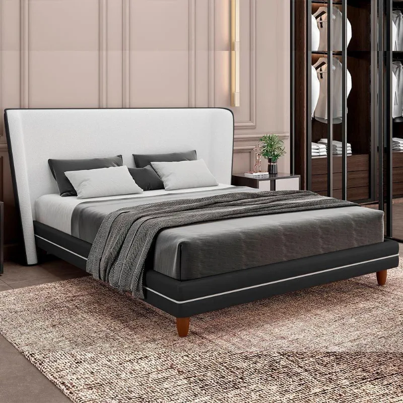 Cama Japonesa Casal Corea com Cabeceira em Courino Preto e Bouclê Suave Off White Madeira