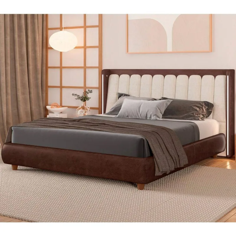 Cama Japonesa Queen Seo-yeon com Cabeceira em Led Madeira Marrom e Off White Sallar Home