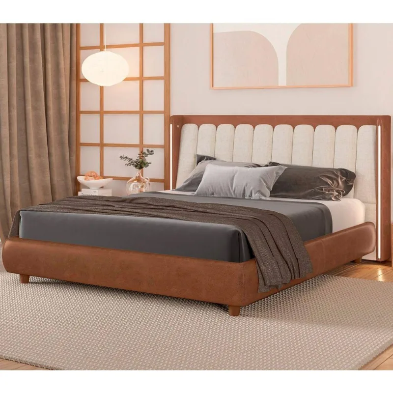 Cama Japonesa Casal Seo-yeon com Led em Madeira Caramelo e Off White Sallar Home