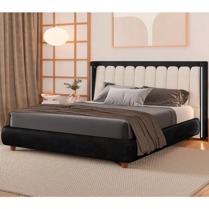 Cama Japonesa Casal Seo-yeon com LED em Madeira Eucalipto Preto Sallar Home