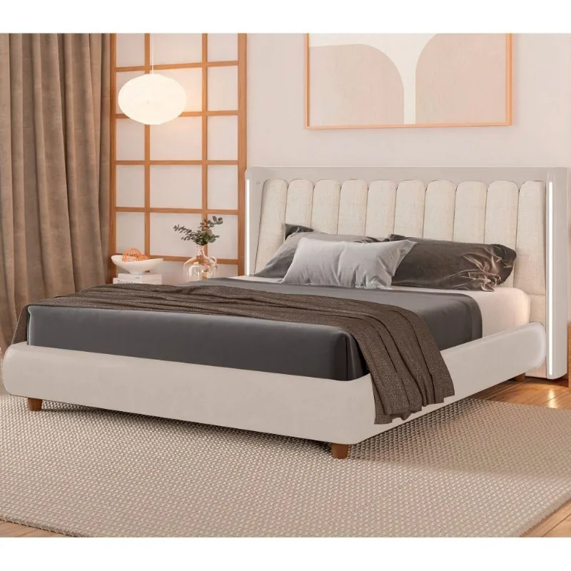 Cama Japonesa Casal Seo-yeon com Cabeceira em Led Madeira Off White Sallar Home