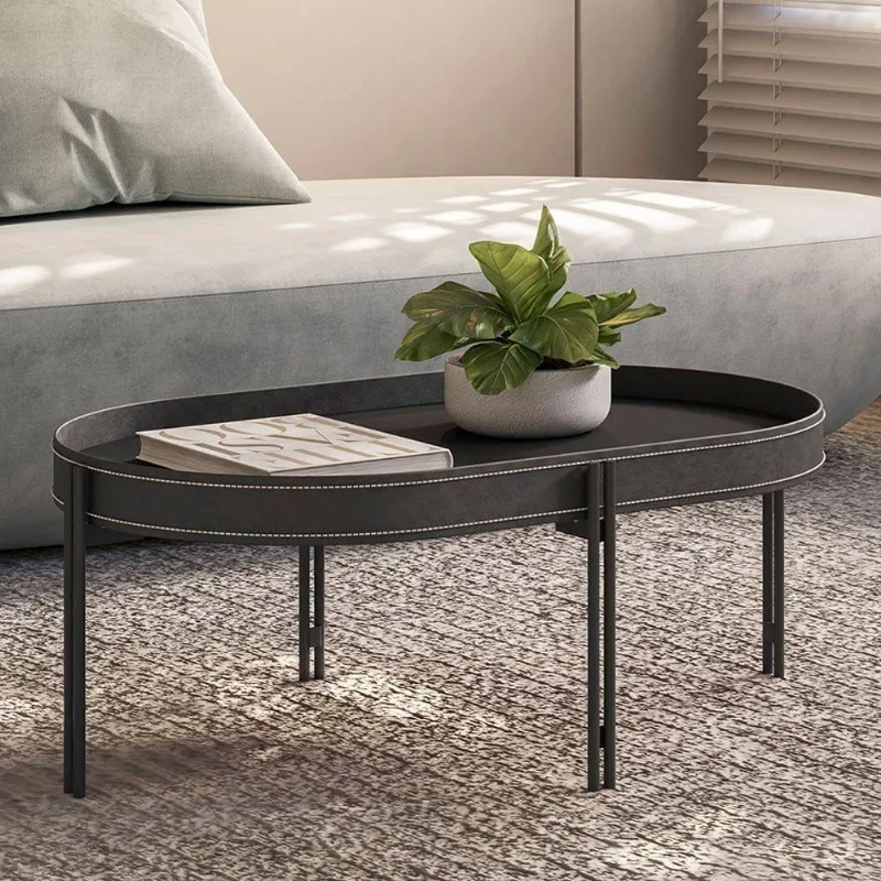 Mesa de Centro Bete Retangular Couro Sintético MDF Metal 93CM Preto Sallar Home