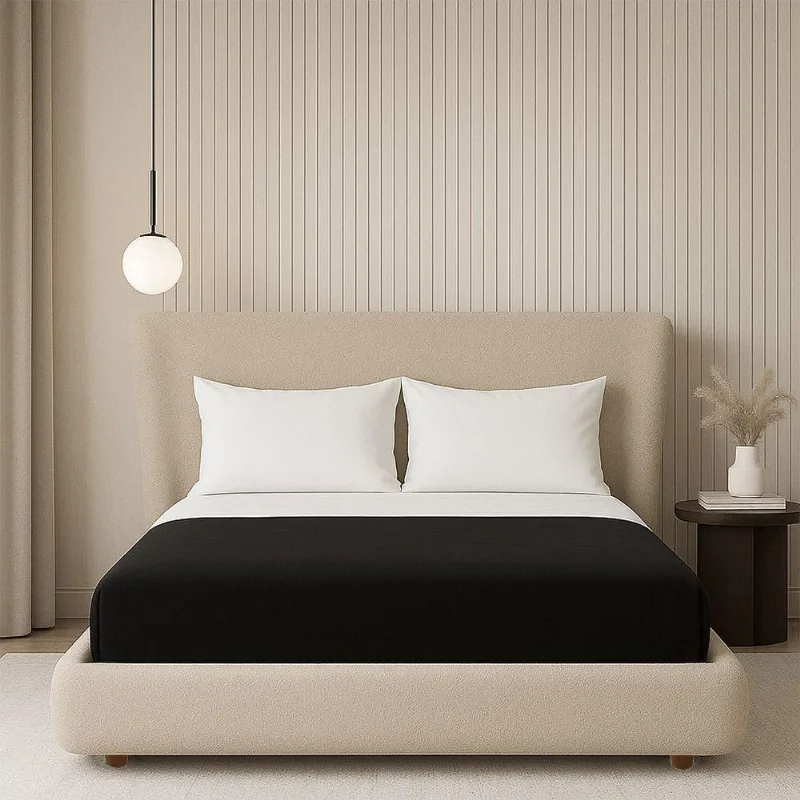 Cama Japonesa King Seo com Cabeceira Corea Bouclé Suave Madeira Off White Sallar Home