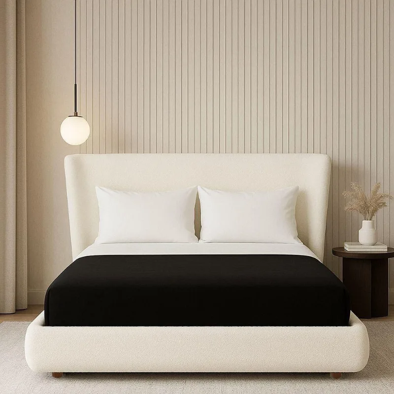 Cama Japonesa com Cabeceira Casal Seo Estofada Bouclé Madeira Off White Sallar Home
