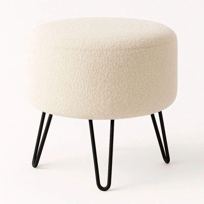 Puff Redondo Yuna Com Pés Retos Assento Madeira Maciça Revestimento Bouclé Off White Sallar Home