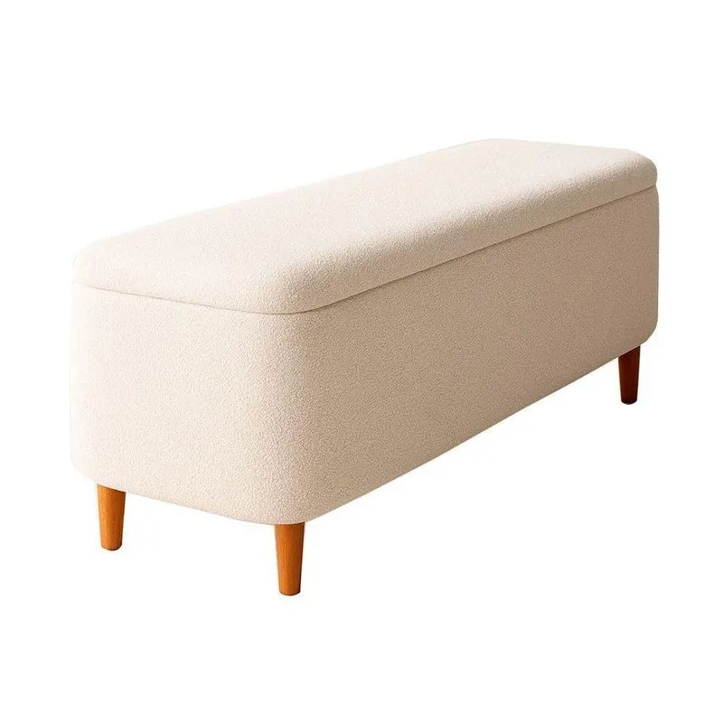 Puff Baú Bella 90cm Pés Palito Madeira Bouclé Off White Sallar Home