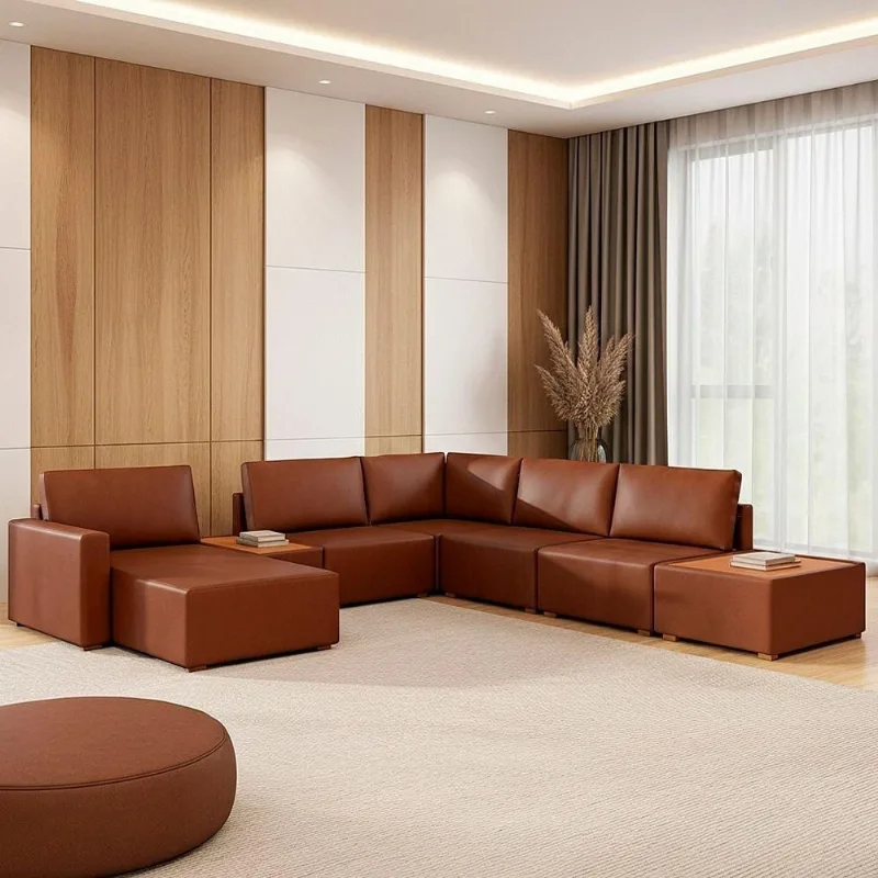 Sofá de Canto France 6 Lugares com Chaise 291CM Marrom Corino