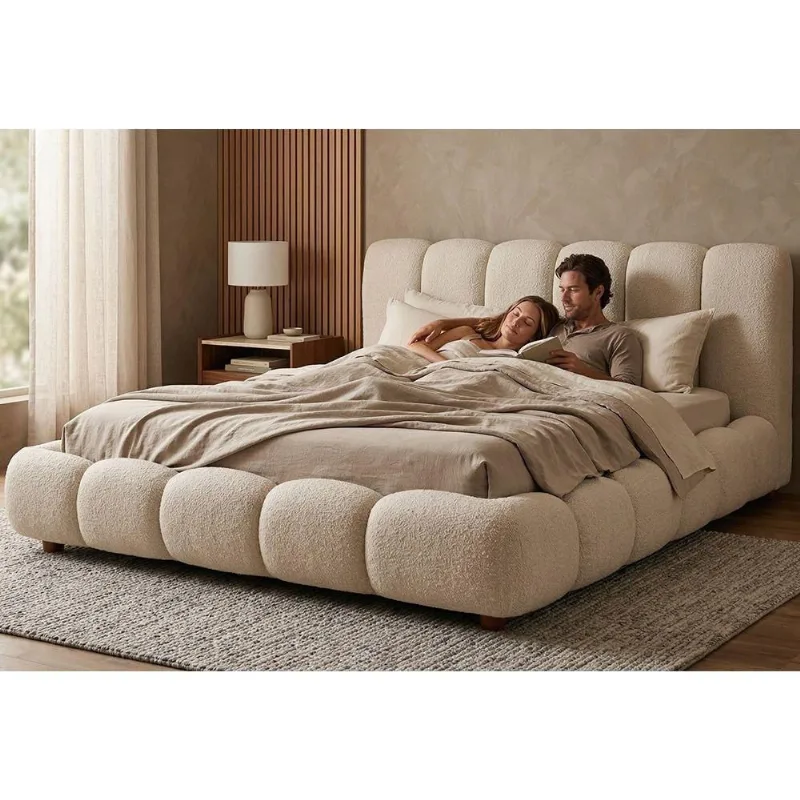 Cama Japonesa Casal Nuvem com Cabeceira Estofada em Bouclé Off White Sallar Home