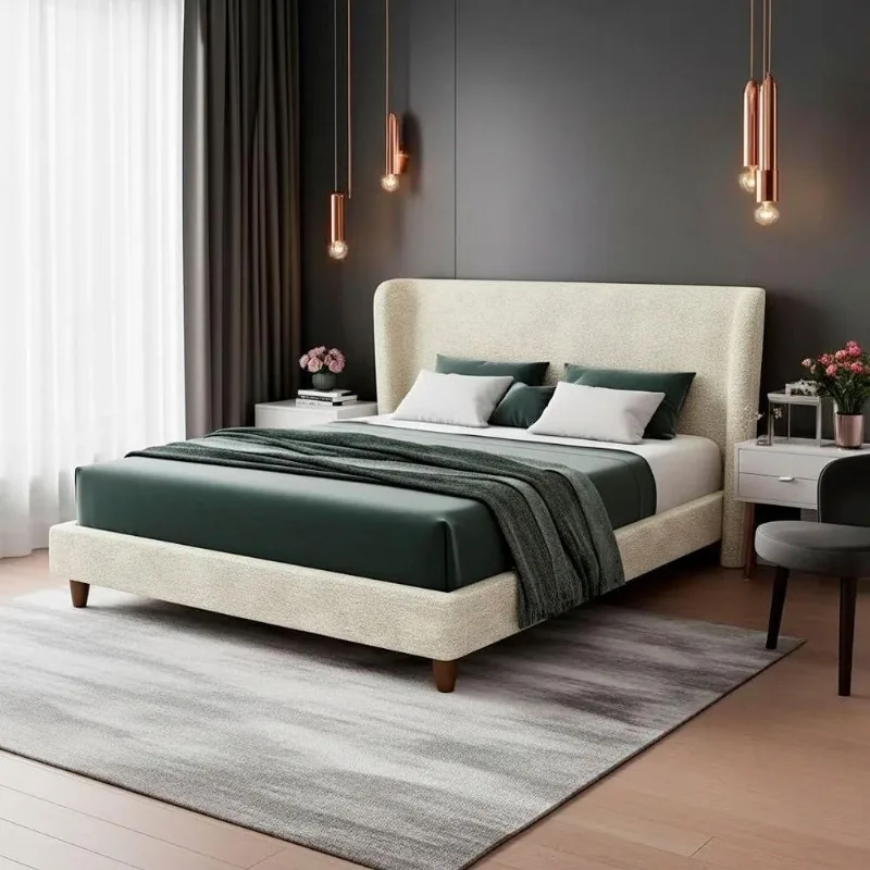 Cama Japonesa Queen Corea com Cabeceira Madeira Bouclê Off White Sallar Home