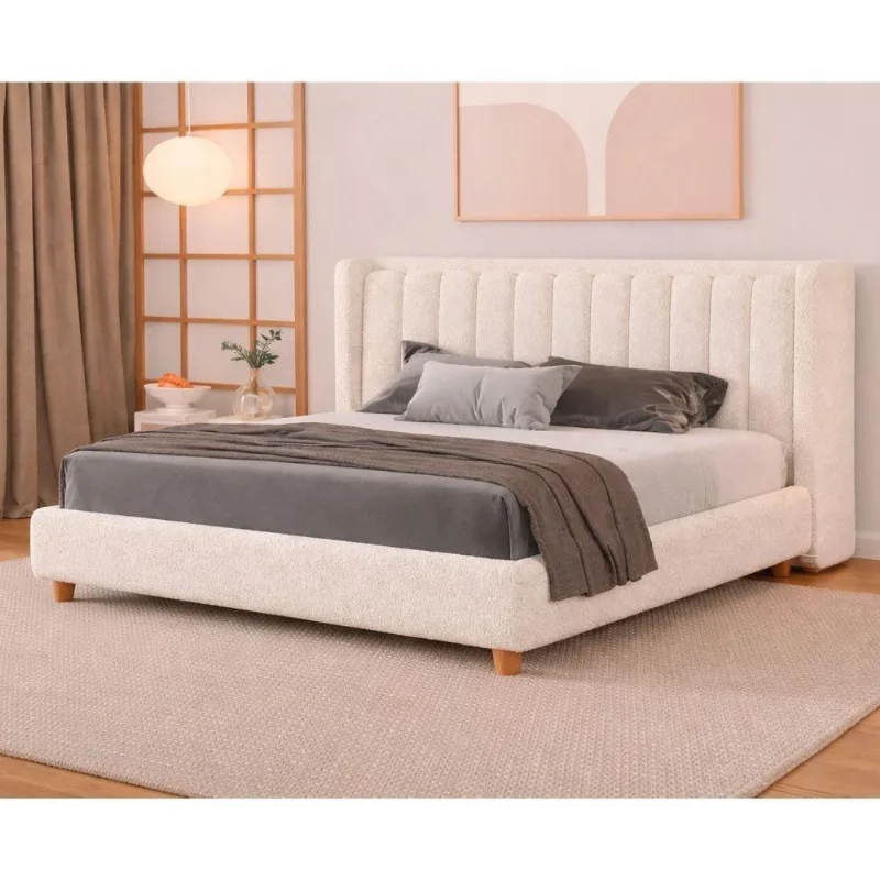 Cama Japonesa Queen Seo-yeon com Cabeceira Bouclé Madeira Off White